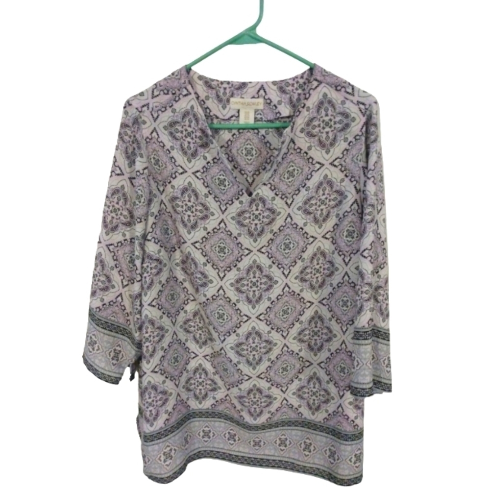 Cynthia Rowley Tunic V-Neck 3/4 Sleeves Geo Pattern Quiet Lux Romantic 1X Plus